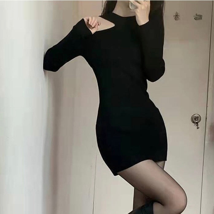 【Plaisir】韓国デザイン 韓国カジュアル シンプル ワンショルダーニットワンピース mry001157