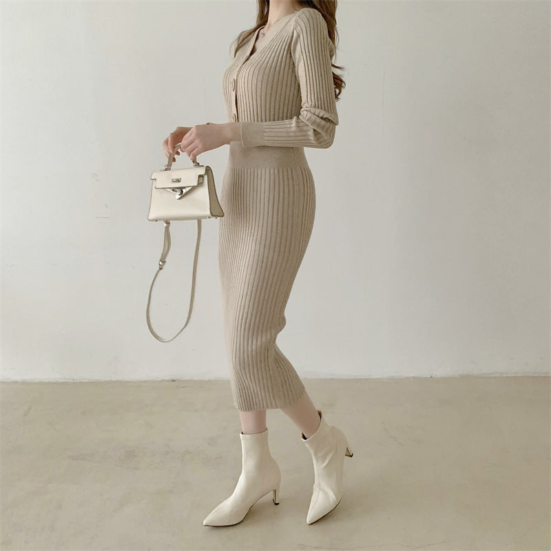 【送料無料】3色展開 Vネック 高品質ニット ワンピース mry000616