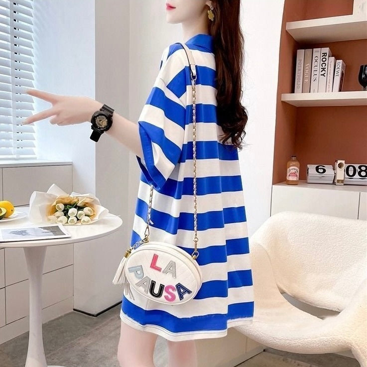 ミドル丈 ストライプ 半袖 ポロシャツ mry000042