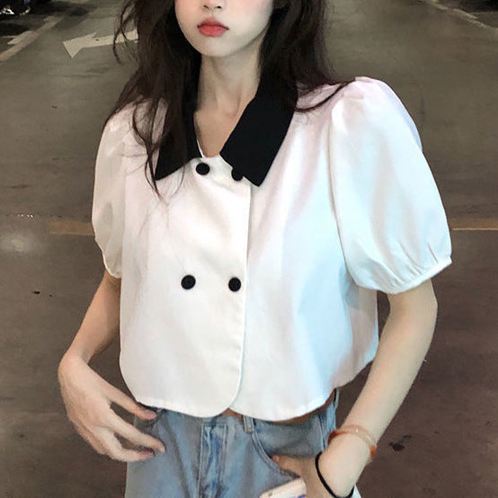 【送料無料】2カラー展開 ダブルブレスト 半袖シャツ フレンチガーリー 韓国ガーリー mry000665