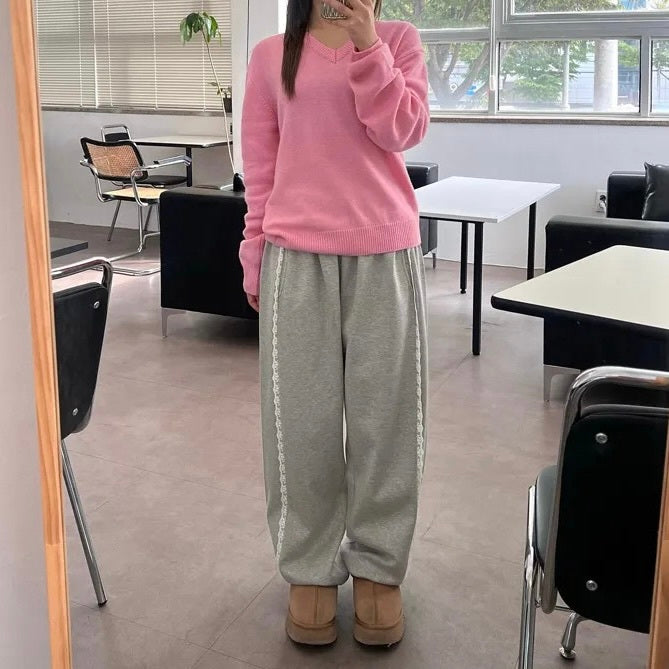 【YURU:FIT/2color】韓国デザイン 韓国ストリート リラックスフィット レース ワイドパンツ mry001198