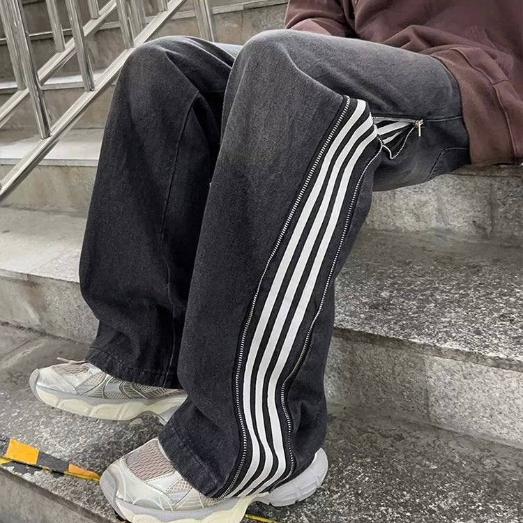 【Carina】2カラー展開 韓国ストリート ライン入りワイドデニムパンツ mry001375