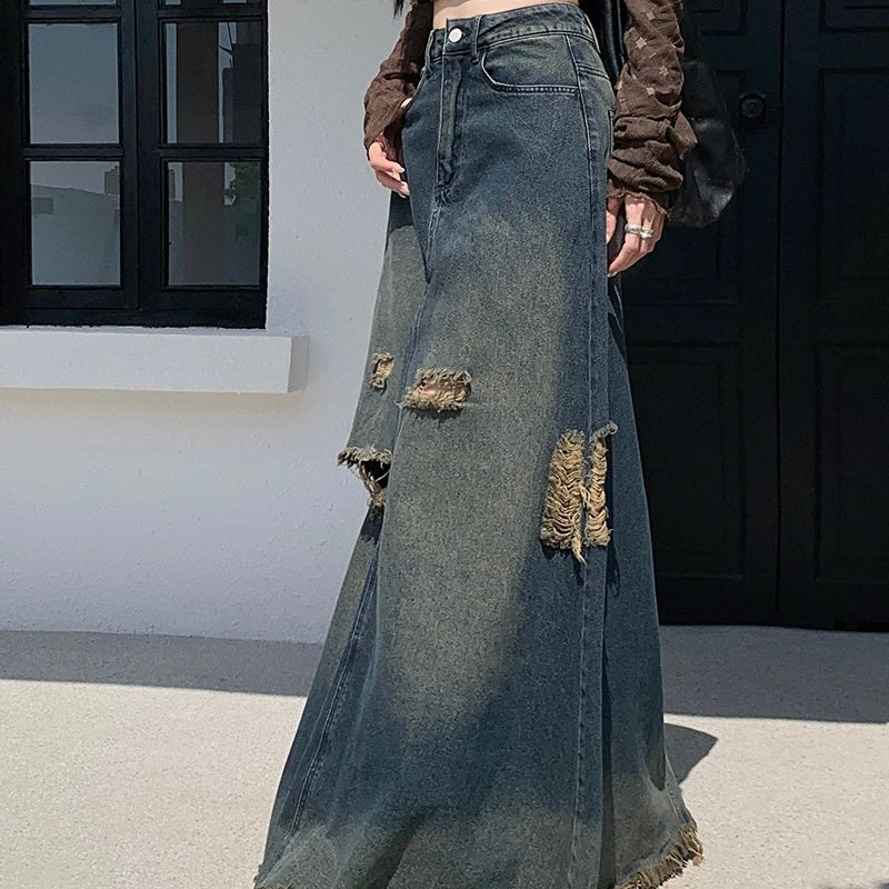 アメリカン 韓国ストリート 韓国カジュアル デニム生地 ロングスカート mry001131