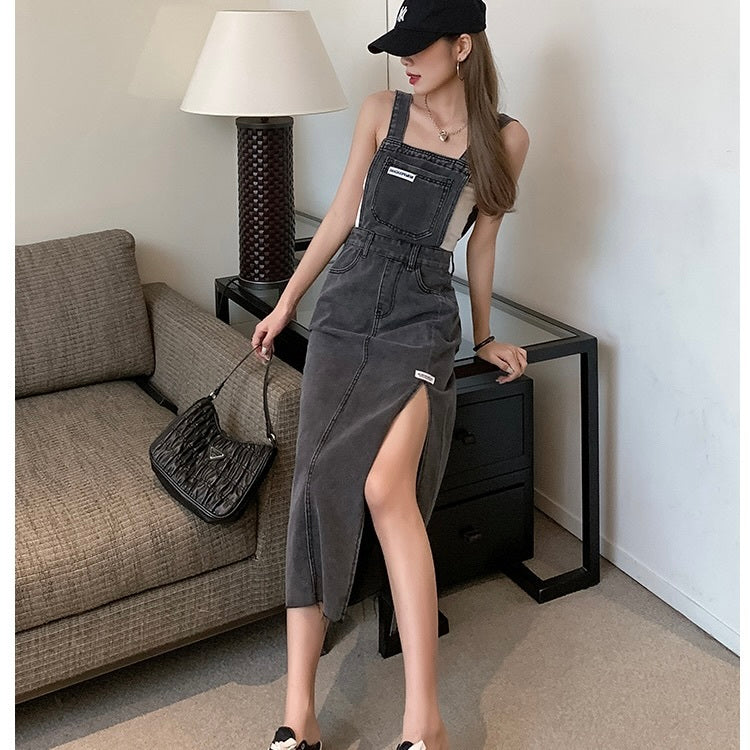 サイドスリット デニム サスペンダー ワンピース mry000117
