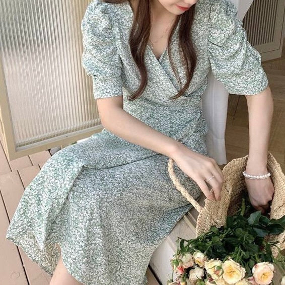 小花柄 パフスリーブ Aラインワンピース mry000236