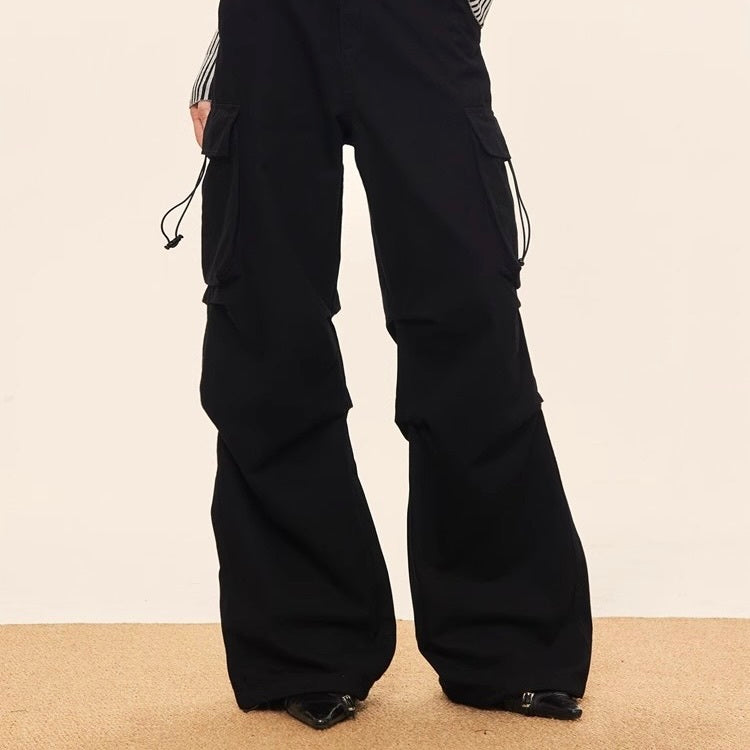 【Orchid】ヨーロッパ 韓国ストリート 韓国カジュアル ブラック ワイドシルエット カーゴパンツ mry001177