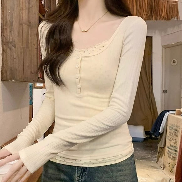 韓国デザイン 韓国カジュアル ボタン リブニット 長袖トップス mry001106