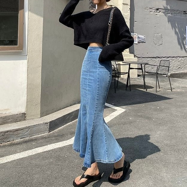 【Chéri】2カラー展開 韓国カジュアル 韓国ストリート デニム生地 ロングスカート mry001153