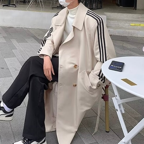 韓国ストリート 韓国カジュアル ライン入り オーバーサイズ トレンチコート mry001290