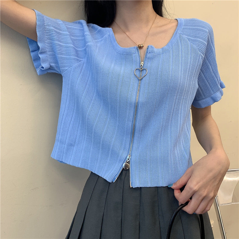 5カラー展開 2023大人気 半袖 センタージッパー トップス ショート丈 韓国ストリート 韓国カジュアル mry000659