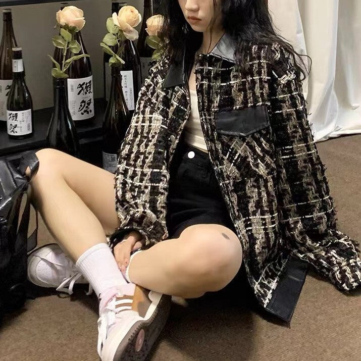 チェック柄 ジャケット ユニセックス カジュアル 春 冬 韓国カジュアル mry000952