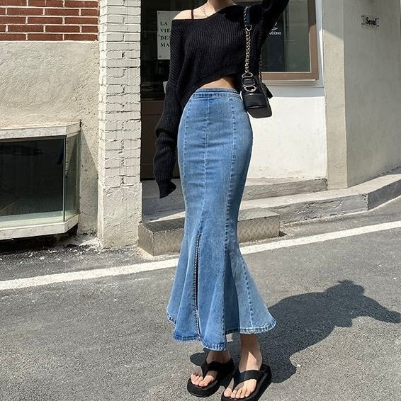 【Chéri】2カラー展開 韓国カジュアル 韓国ストリート デニム生地 ロングスカート mry001153