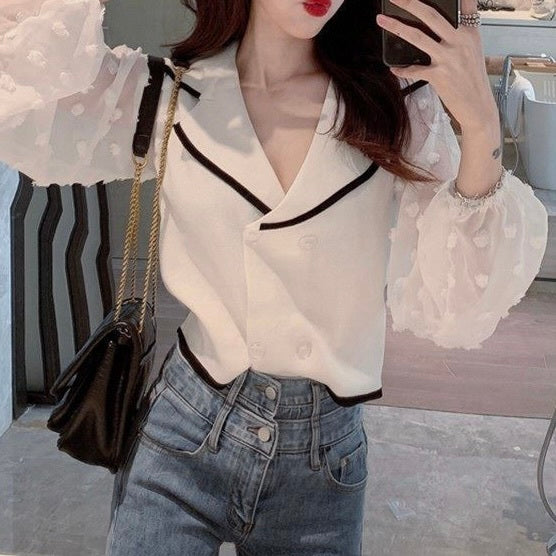 AW ポロ襟 パフスリーブ シフォンステッチシャツ mry000056