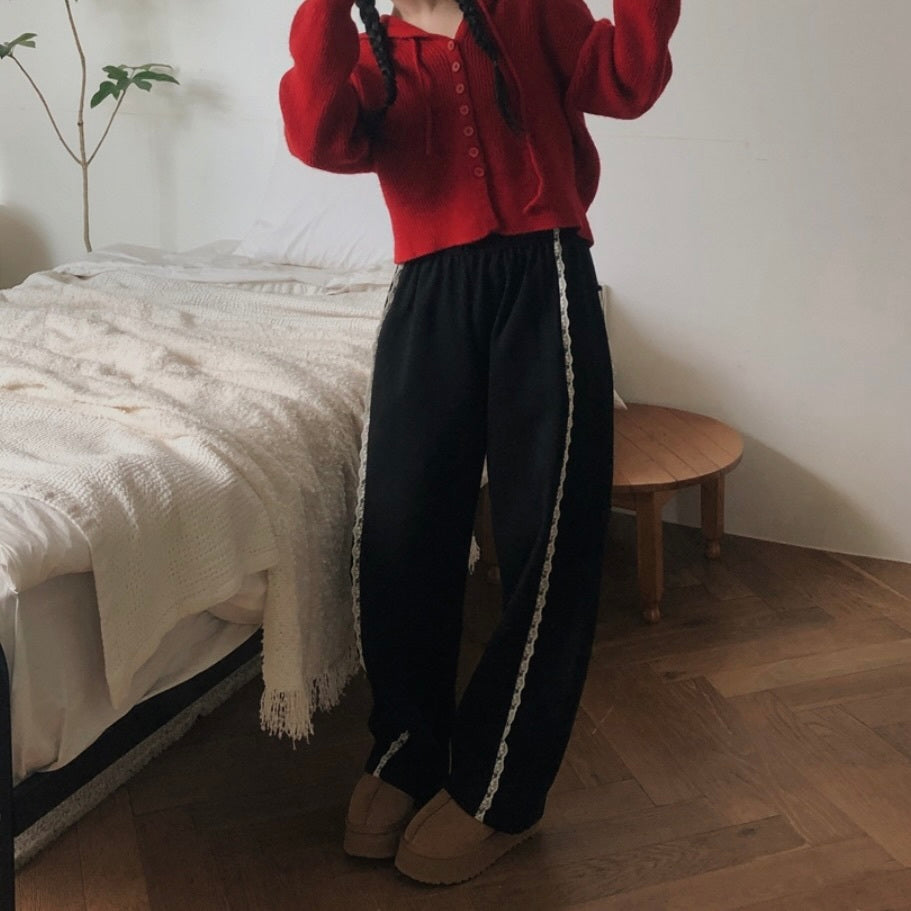 【Carina】2カラー展開 韓国デザイン 韓国ストリート リラックスフィット レース ワイドパンツ mry001198