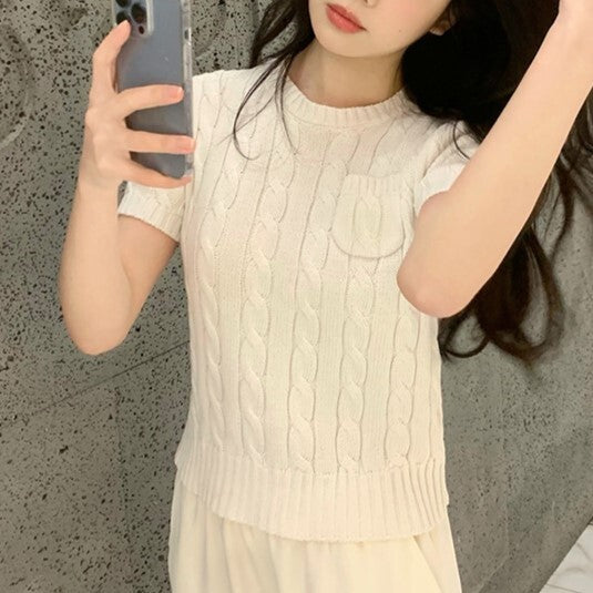 【送料無料】4カラー展開 高品質 半袖 ミニポケット ニット トップス mry000639