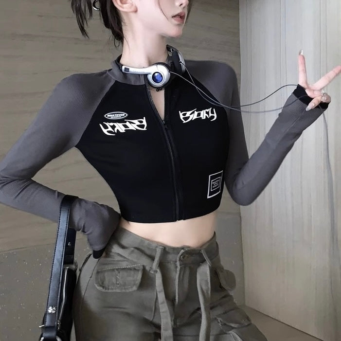 韓国ストリート 韓国デザイン 韓国カジュアル ショート丈 モノトーン ジップアップトップス mry001195