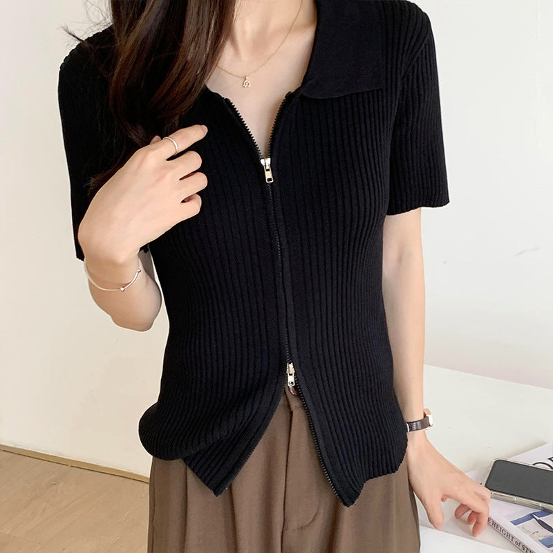 ラペルジッパートップス 薄手ニット 半袖 mry000009