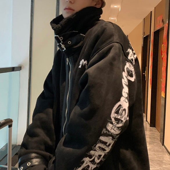 2カラー展開 韓国ストリート 韓国カジュアル トレンド バックプリント ハイネック ムートンジャケット mry001253