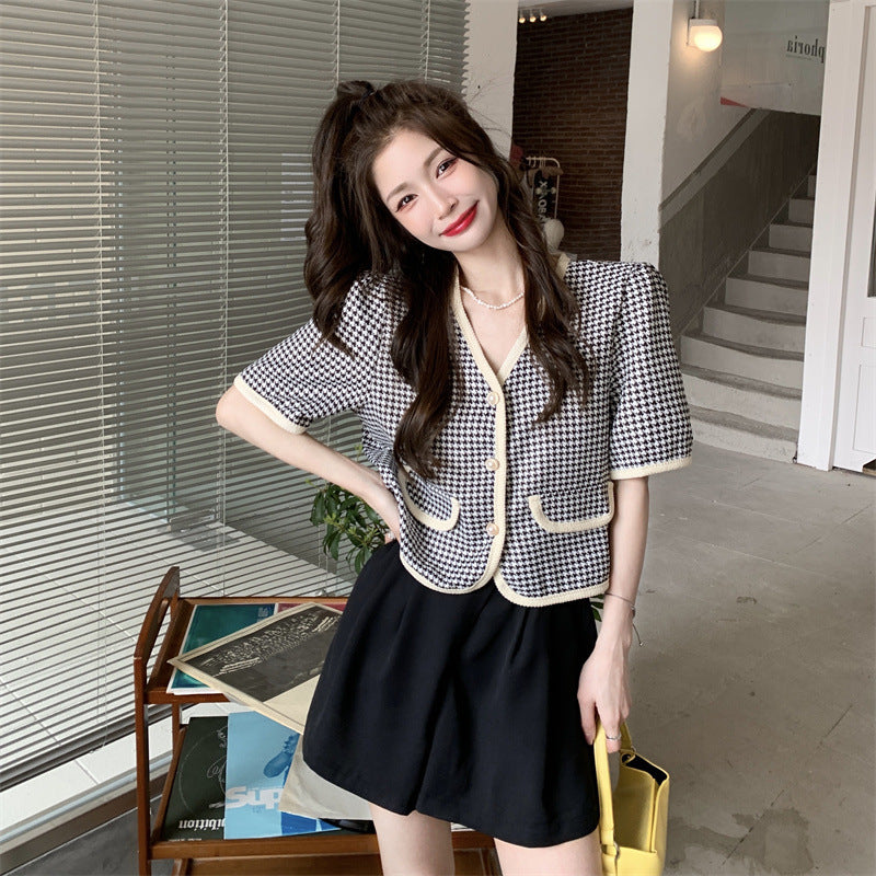 【送料無料】クロップド丈 フレンチスタイル Vネック 千鳥格子 韓国ガーリー 韓国カジュアル mry000536