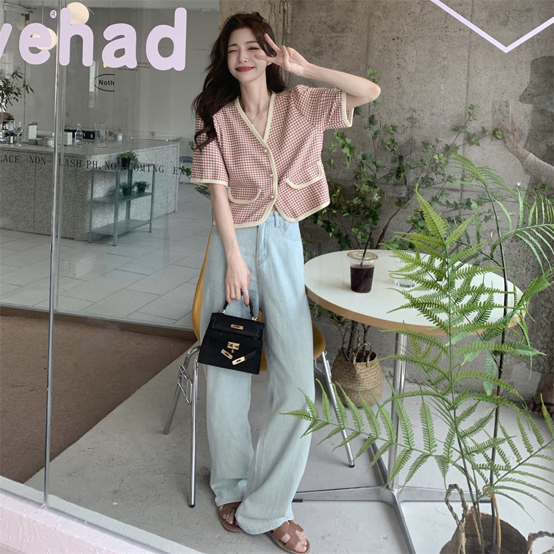 【送料無料】クロップド丈 フレンチスタイル Vネック 千鳥格子 韓国ガーリー 韓国カジュアル mry000536