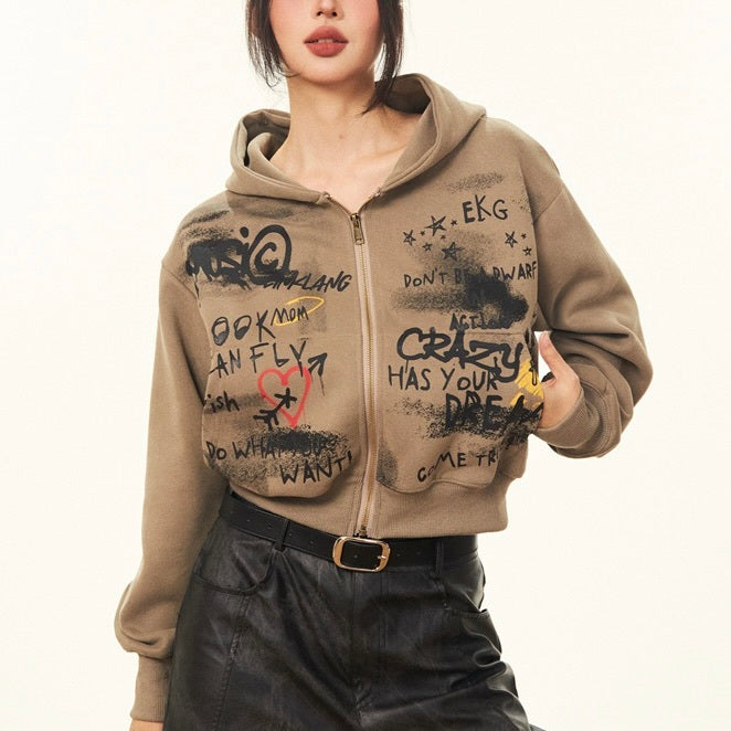 2カラー展開 アメリカン 韓国ストリート 韓国カジュアル レトロ 落書き ジップアップトップス パーカー mry001414