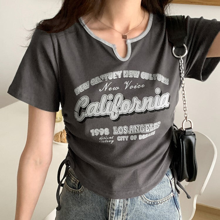 2023SS リアルアメリカン スイートクール ホットガール Vネック ウエスト 巾着デザイン 韓国カジュアル 韓国ストリート mry000738