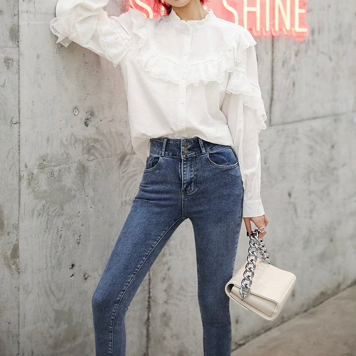 AW レースステッチ スタンドアップカラー フリルシャツ mry000060