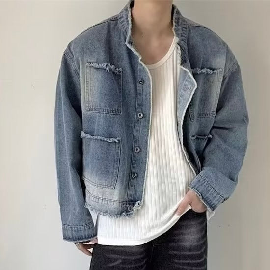 2カラー展開 韓国ストリート 韓国カジュアル デニム生地 ヴィンテージ 襟なし ジャケット mry001248