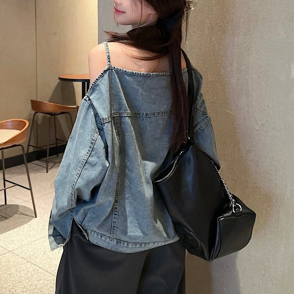 アメリカン 韓国カジュアル 韓国ストリート オフショルダー デニムジャッケット mry001141