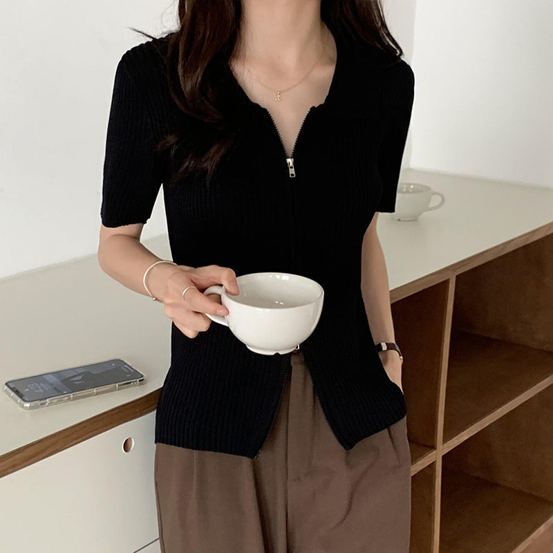 ラペルジッパートップス 薄手ニット 半袖 mry000009