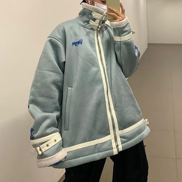 2カラー展開 韓国ストリート 韓国カジュアル トレンド バックプリント ハイネック ムートンジャケット mry001253