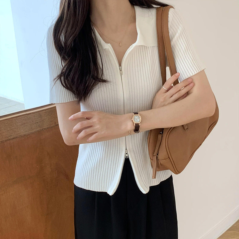 ラペルジッパートップス 薄手ニット 半袖 mry000009