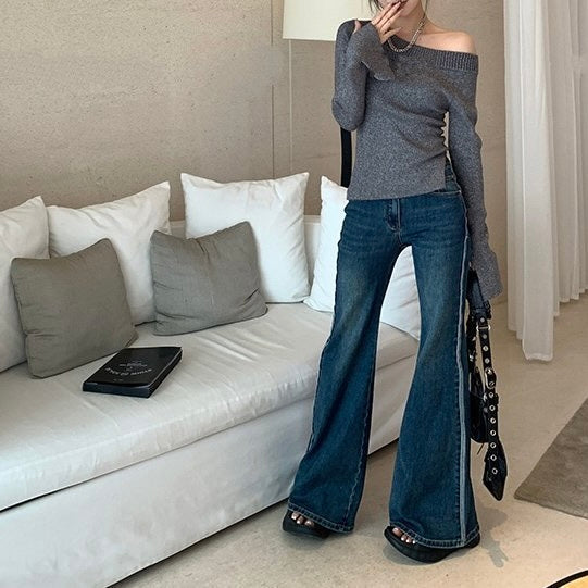 2カラー展開 韓国ストリート 韓国デザイン 韓国カジュアル シンプル オフショルダー ニットトップス mry001145