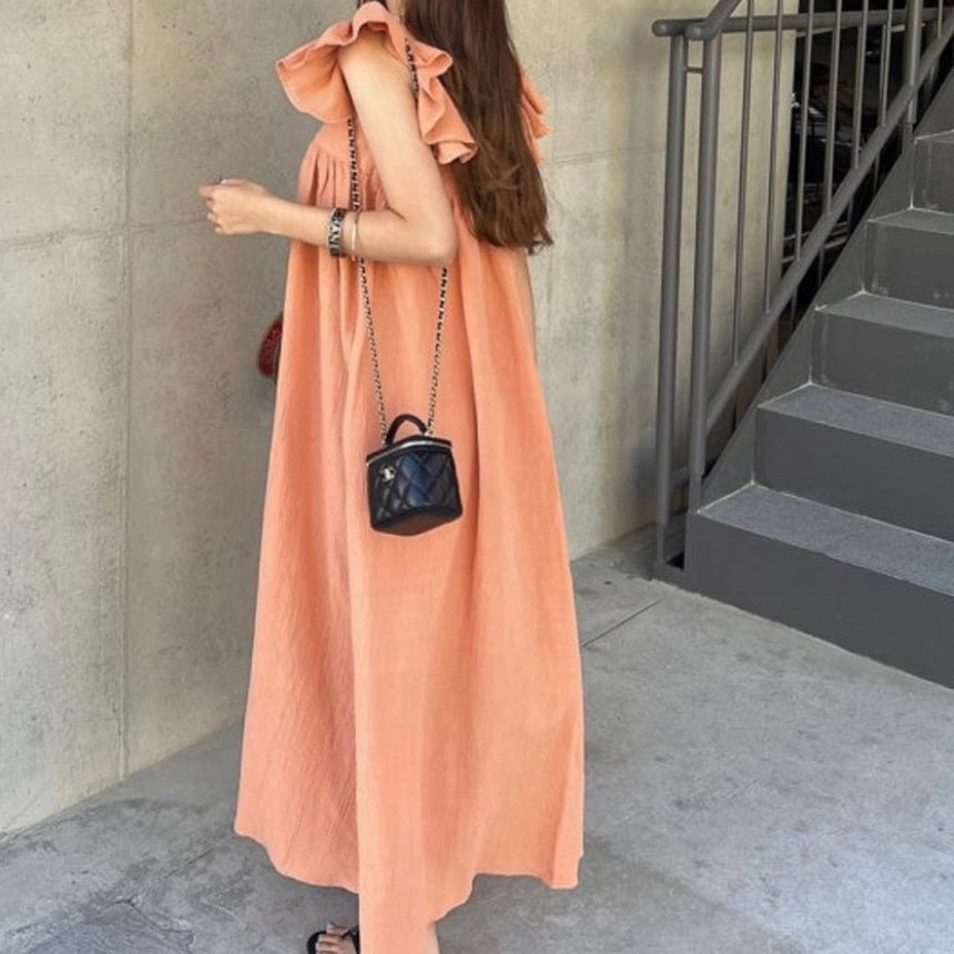 スクエアネック プリーツ フライングスリーブ エレガント ワンピース mry000122