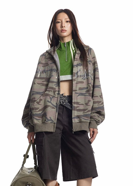 Rhinestone Camo Oversized Zip Hoodie mry001634