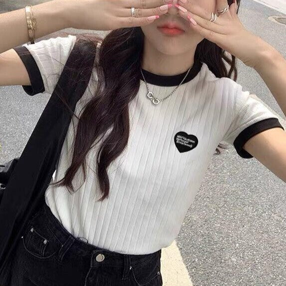 ワンポイント 半袖ニット トップス サマーニット 韓国カジュアル 韓国ガーリー mry000668