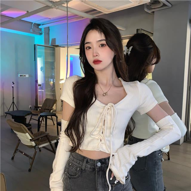 【送料無料】2カラー展開 韓国ホットガール スリムフィット トップス 半袖 ニットセーター mry000672