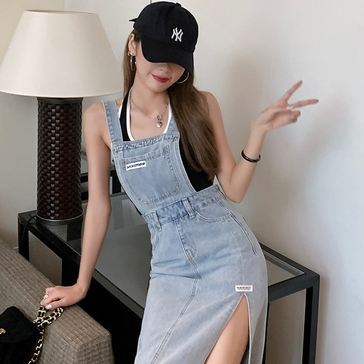 サイドスリット デニム サスペンダー ワンピース mry000117