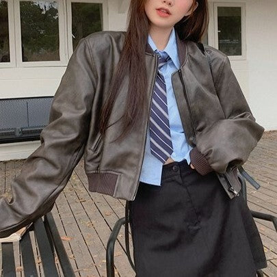 Leather Stand Collar Short Jacket mry001003