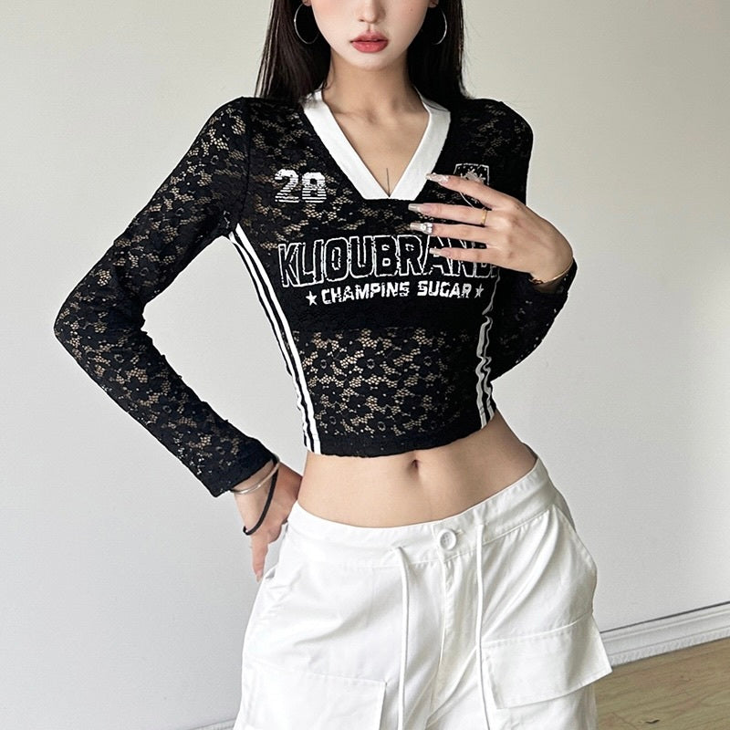 【Carina】2カラー展開 ヨーロッパ 韓国デザイン 韓国ストリート レース素材 長袖トップス mry001100