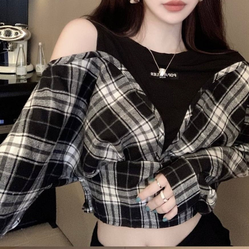 ラウンドネック フェイクツーピース 長袖 チェックシャツ mry000120