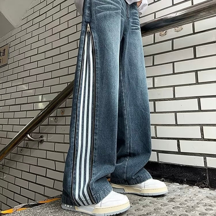 【Carina】2カラー展開 韓国ストリート ライン入りワイドデニムパンツ mry001375
