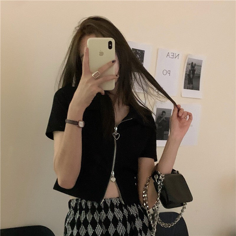 5カラー展開 2023大人気 半袖 センタージッパー トップス ショート丈 韓国ストリート 韓国カジュアル mry000659