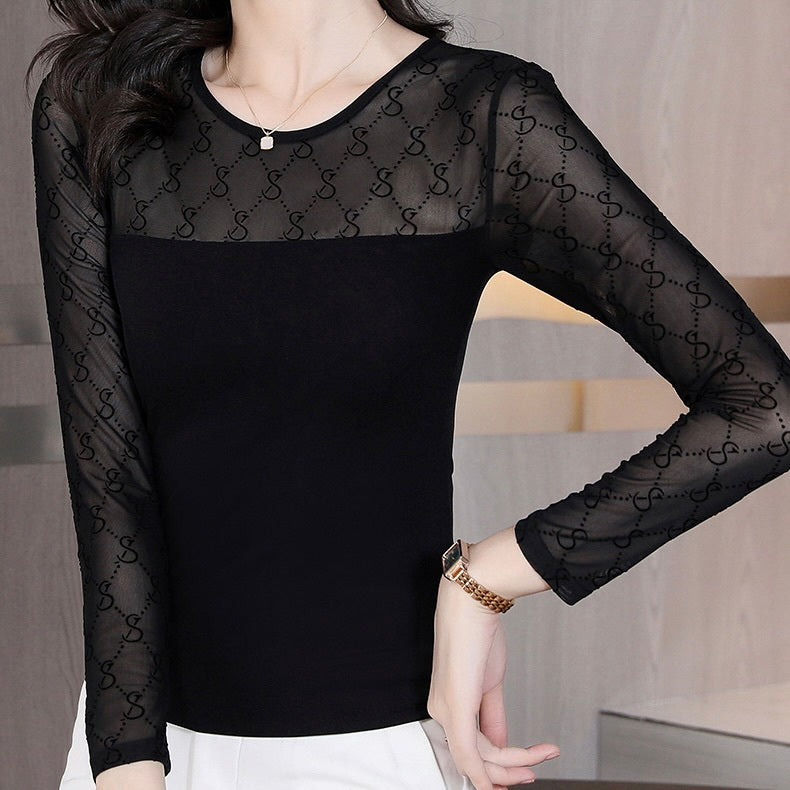 韓国カジュアル 韓国デザイン シアー素材 レーストップス mry001143