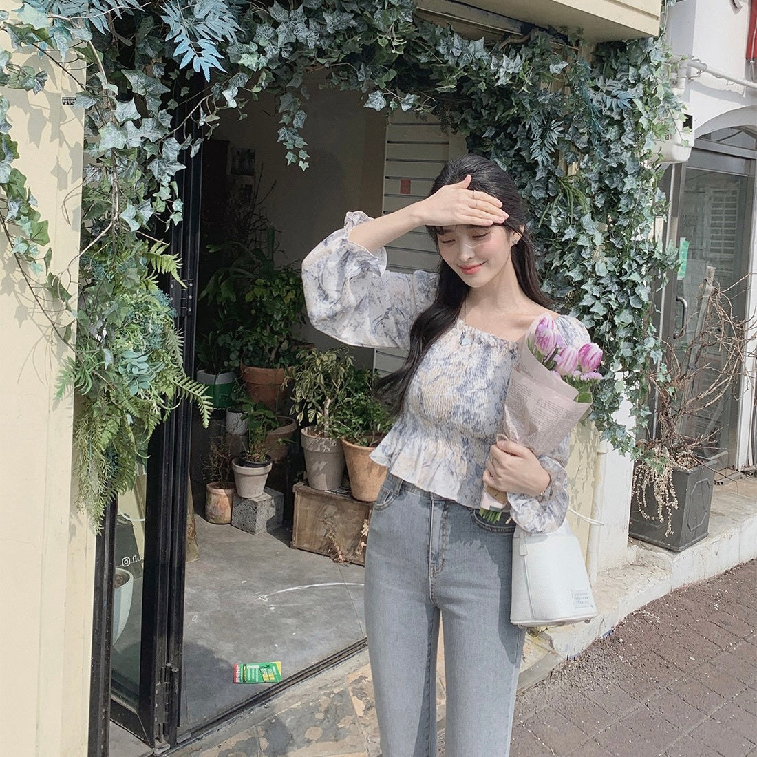 花柄ラッピング ウエストゴム オフショル シフォン長袖シャツ mry000061