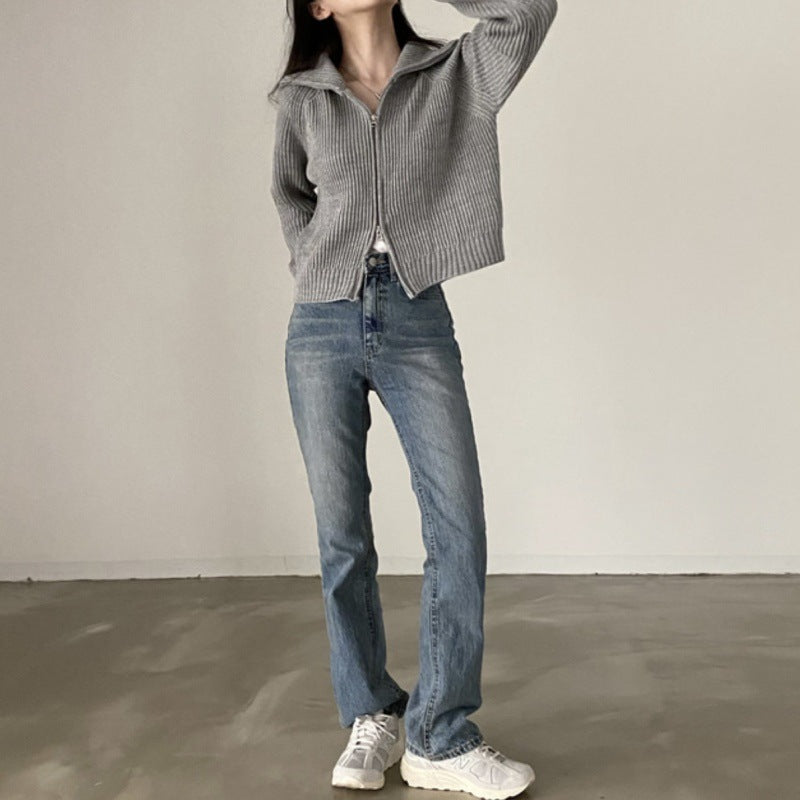 【送料無料】ジッパーセーター カーディガン シンプル ニット 韓国カジュアル 韓国ガーリー 春・秋 mry000538