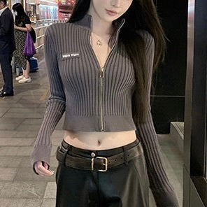 【Taéf】3カラー展開 韓国カジュアル 韓国ストリート クロップトップ ジップアップカーディガン mry001053