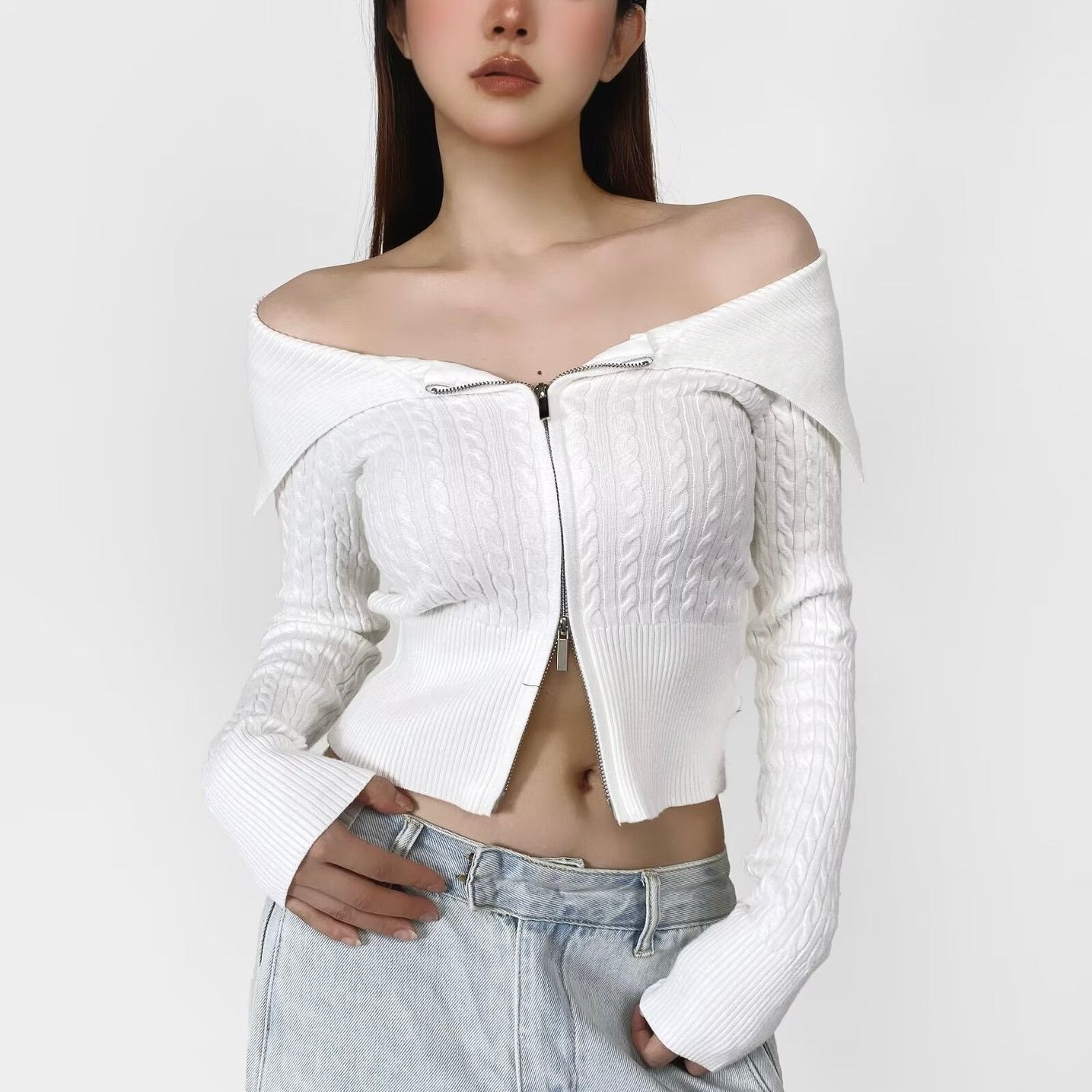 4カラー展開 韓国デザイン 韓国カジュアル オフショルダー リブ編みニット カーディガン mry001118