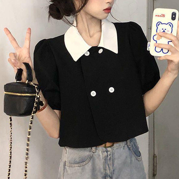 【送料無料】2カラー展開 ダブルブレスト 半袖シャツ フレンチガーリー 韓国ガーリー mry000665