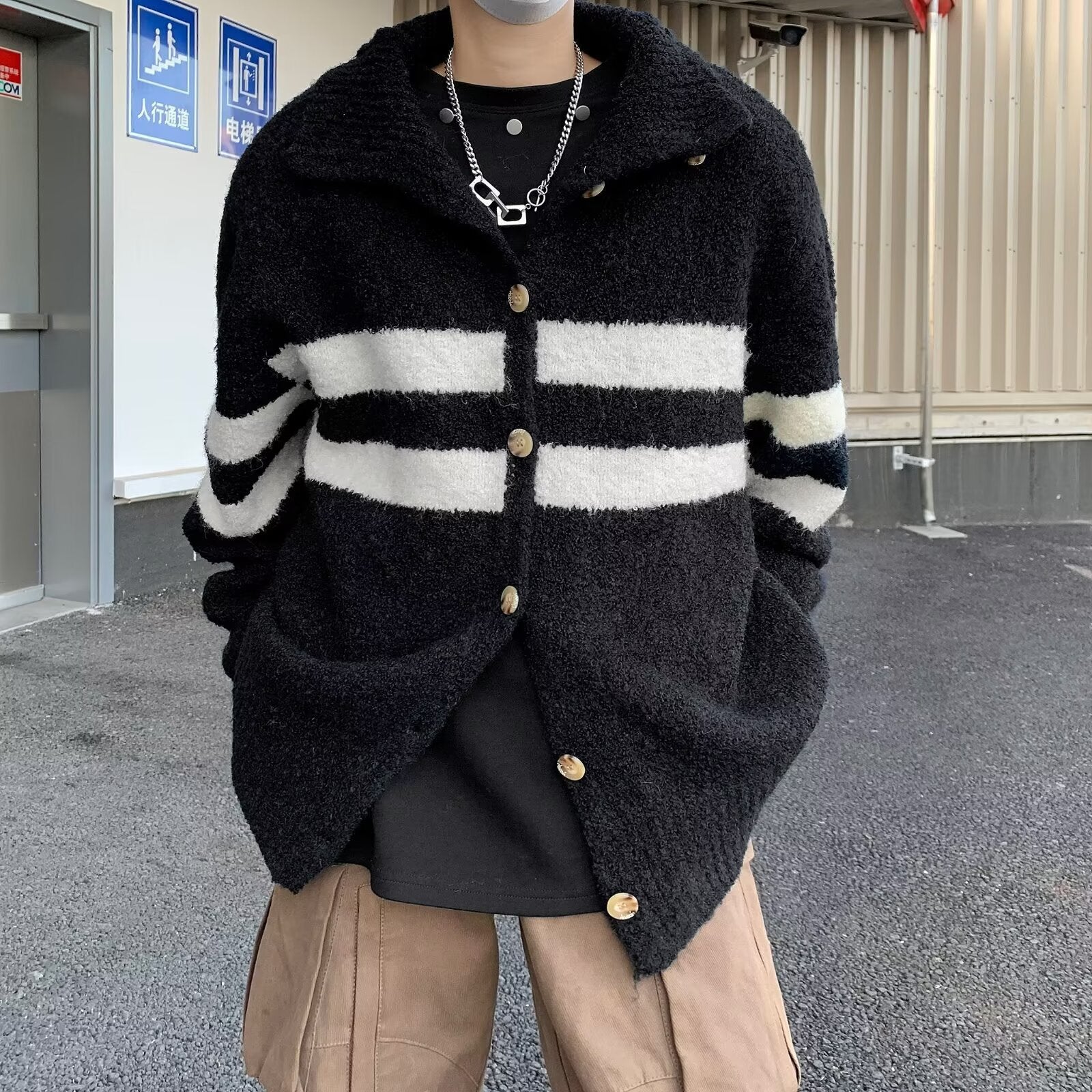 アメリカン 韓国カジュアル 韓国ストリート トレンド ライン入り オーバーサイズ ニット mry001380